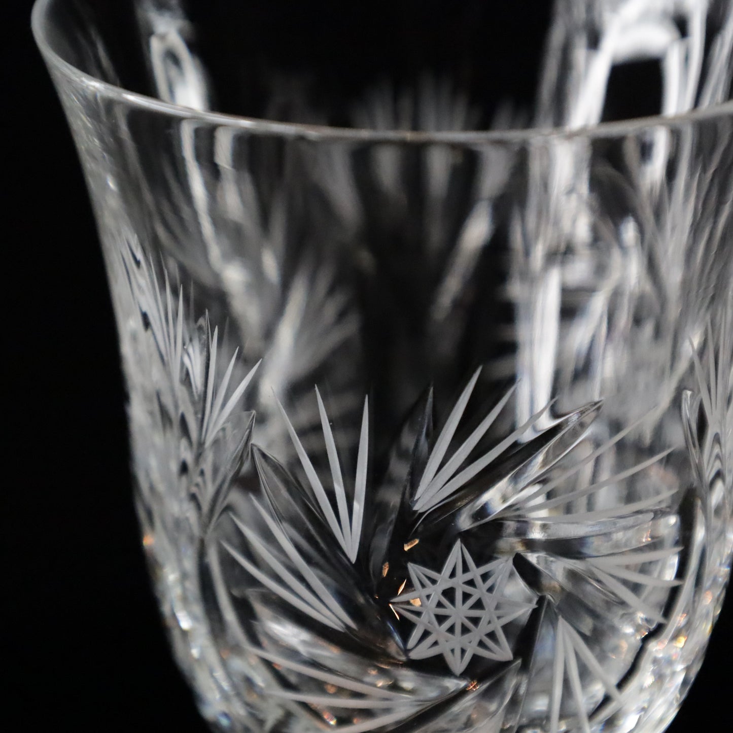 Exquisite Antoinette white wine glasses with ornate etching and a classic design, radiating elegance against a dark background.