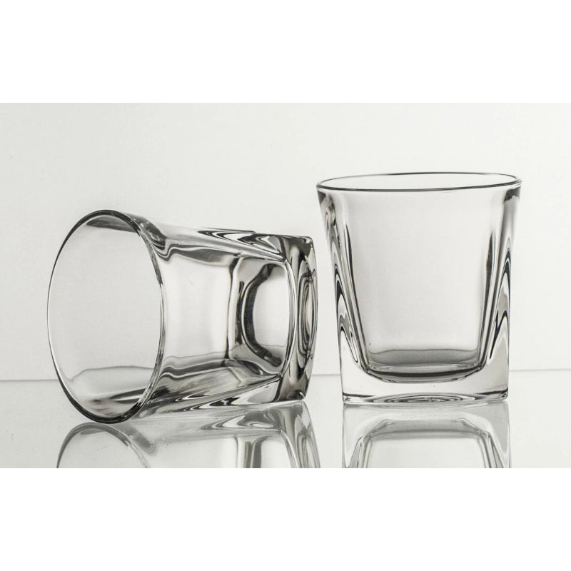 Two Aurora Whiskey Glasses made from clear crystal, showcasing a classic yet modern design, perfect for whiskey, bourbon, scotch, or cocktails.