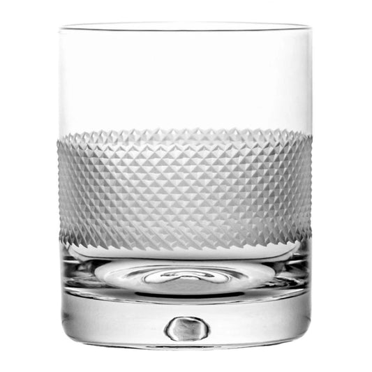 A modern Eternal Whisky Glass featuring a sleek design with a textured geometric band, crafted from premium crystal, perfect for whisky or cocktails.