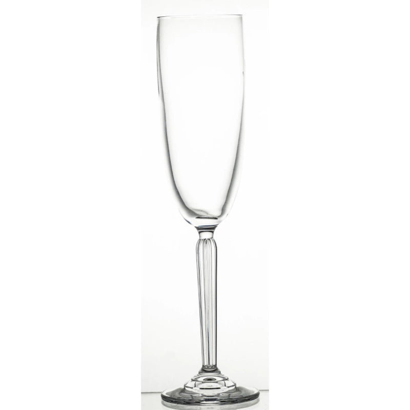 A clear, elegant Aurora Champagne Glass with a slender, elongated bowl and a sculpted stem, designed for enjoying champagne, prosecco, or sparkling wine in style.