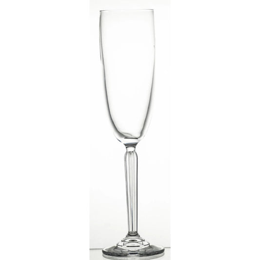 A clear, elegant Aurora Champagne Glass with a slender, elongated bowl and a sculpted stem, designed for enjoying champagne, prosecco, or sparkling wine in style.